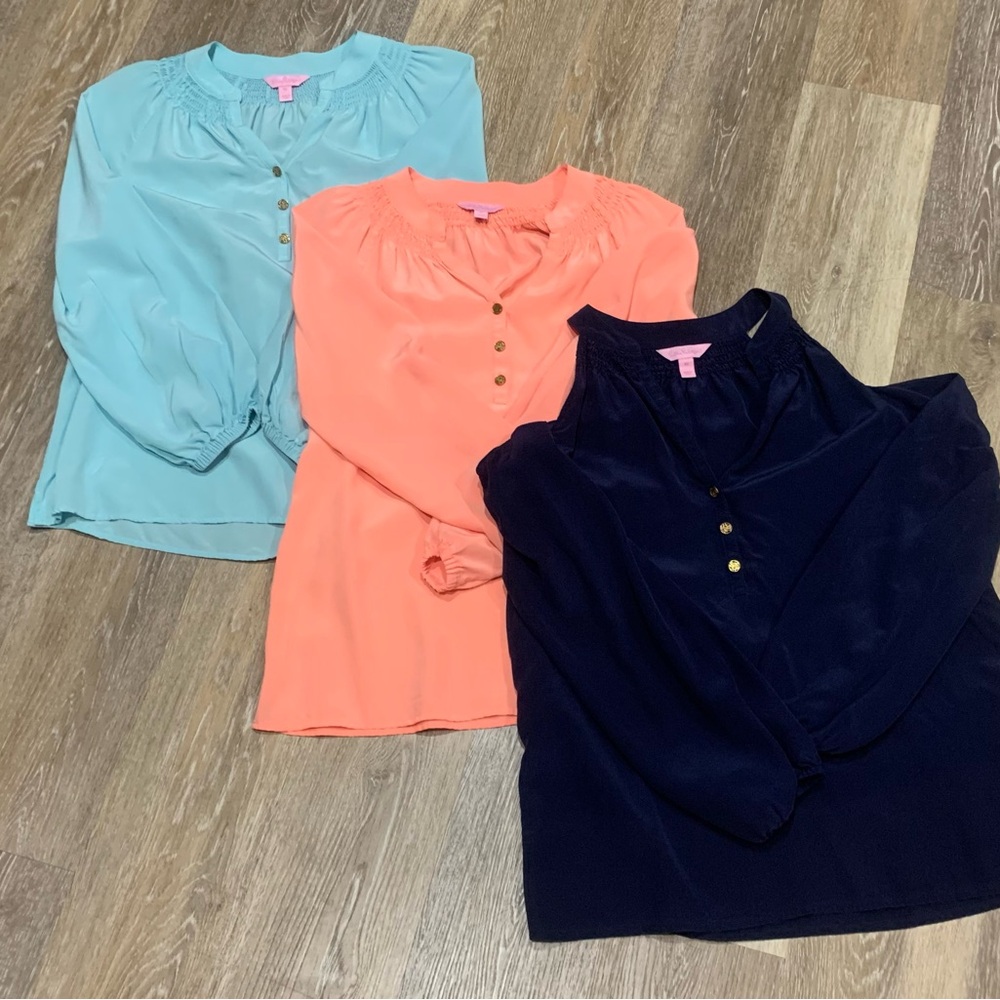 Lilly Pulitzer Elsa and Cold shoulder 100% Silk Blouse, set of 3 size XS